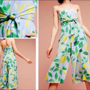 Anthropologie Maeve Jumpsuit, lemon print with tie front.